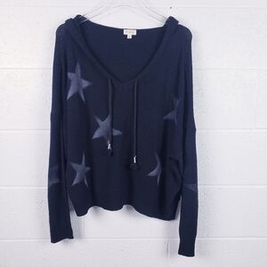 POL Sweater V-Neck Hooded Pullover Black Star Print Women's Size Large